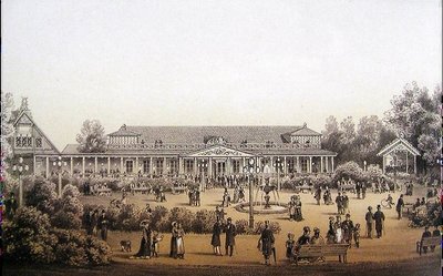 Tänase Alle tänava kohal asunud uhke supelsalongi hoone vaadatuna mere poolt 1860. aastate lõpus. Lorenz Heindrich Peterseni lito.