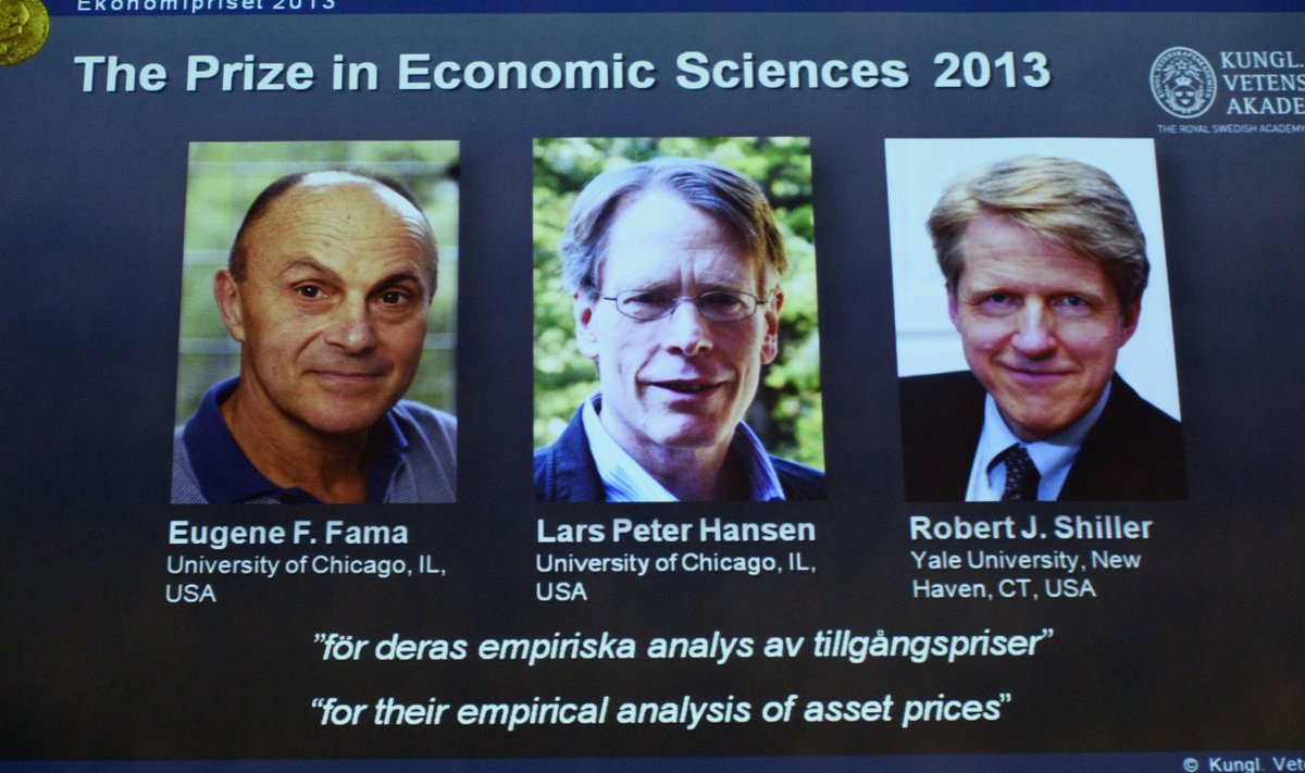 Photos of the 2013 Nobel Prize laureates in Economic Sciences Fama, Hansen and Shiller are displayed during a news conference in Stockholm