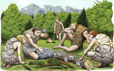 Hispaania aladel elanud neandertallased kunstniku kujutluses seeni ja metsataimi söömas.