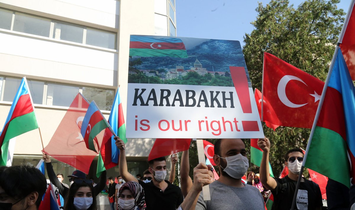 Демонстрация с азербайджанскими и турецкими флагами в поддержку конфликта в Нагорном Карабахе