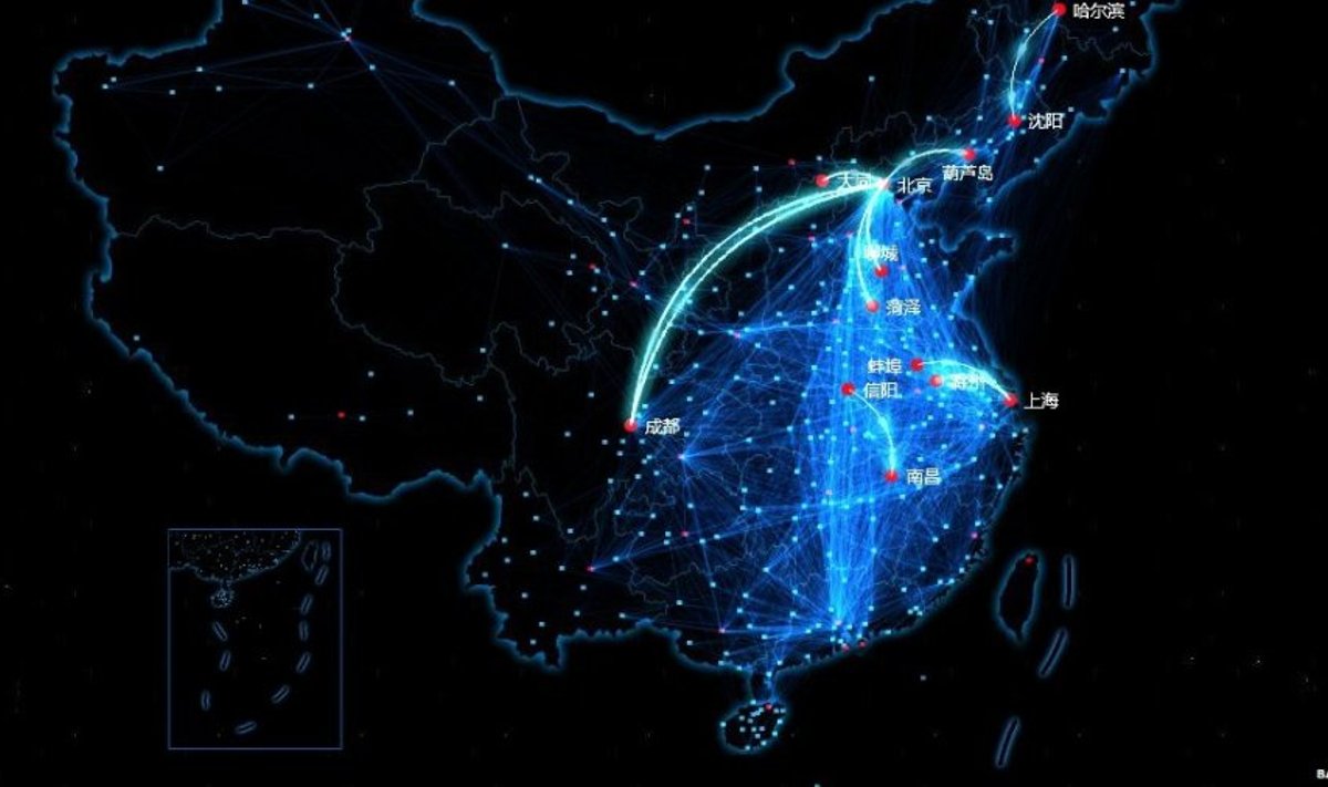 Hiinlaste ränne mobiilivõrkude andmetel. Baidu / BBC