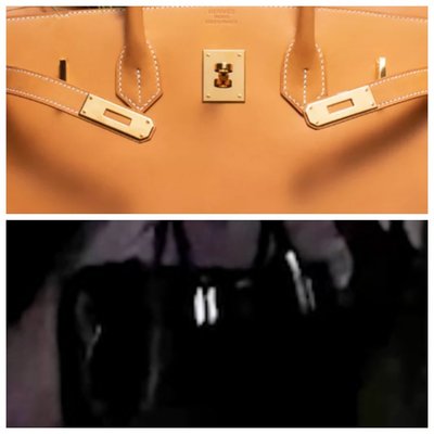 Сверху — фото сумки Birkin с официального сайта Hermès, снизу — скриншот из видео