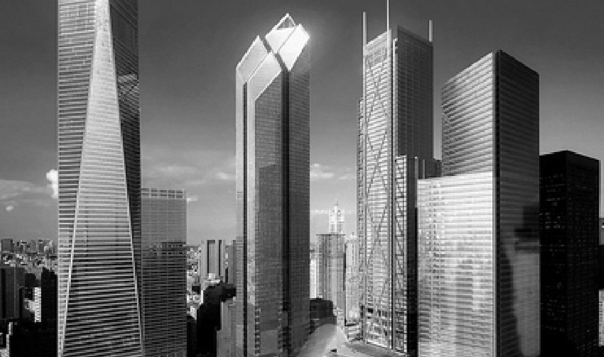 Tornid vasakult: Üks, Seitse („pisike”, juba valmis), Kaks (võib ära jääda), Kolm (võib ära jääda) ja Neli. Torn Viis jääb kaadrist välja. Esiplaanil WTC memoriaal, kaksiktornide asukoht.