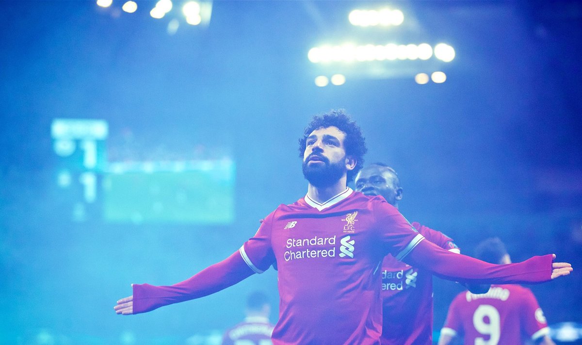 180411 MANCHESTER April 11 2018 Liverpool s Mohamed Salah celebrates after scoring duri