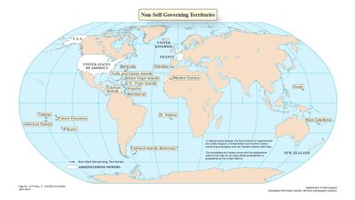 Omavalitsuseta territooriumid ehk kolooniad tänapäeval. ÜRO kaart
