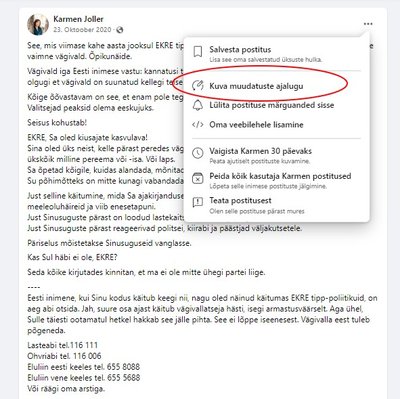 Facebook laseb kõikidel postitustel vaadata muudatuste ajalugu. Joller on oma postitust muutnud mitmeid kordi, ent ükski muudatus ei näita, et ta oleks öelnud EKRE väidetavaid sõnu