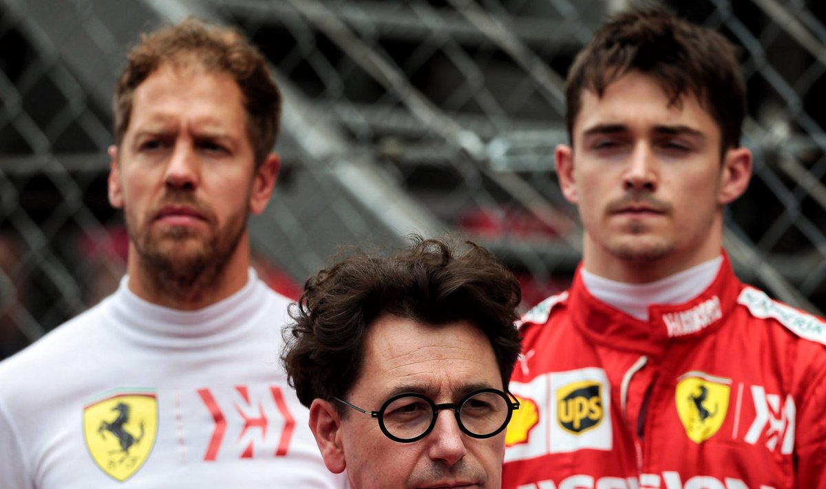 Ferrari sõitjad Sebastian Vettel ja Charles Leclerc ning meeskonna pealik Mattia Binotto