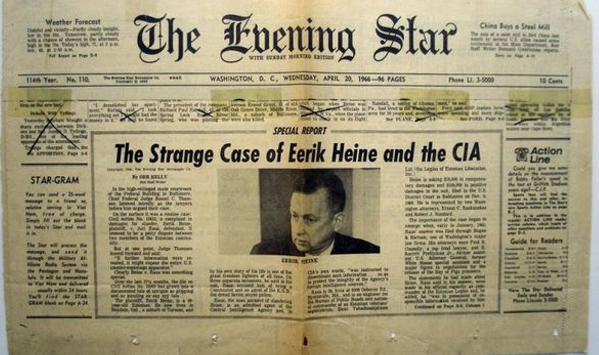 ESIKÜLJE UUDIS: Eerik Heine ja CIA kohtuprotsess äratas USAs 1960ndatel suurt tähelepanu. Ajalehevälja­lõige Eesti New Yorgi peakonsulaadi fondist riigiarhiivis. 