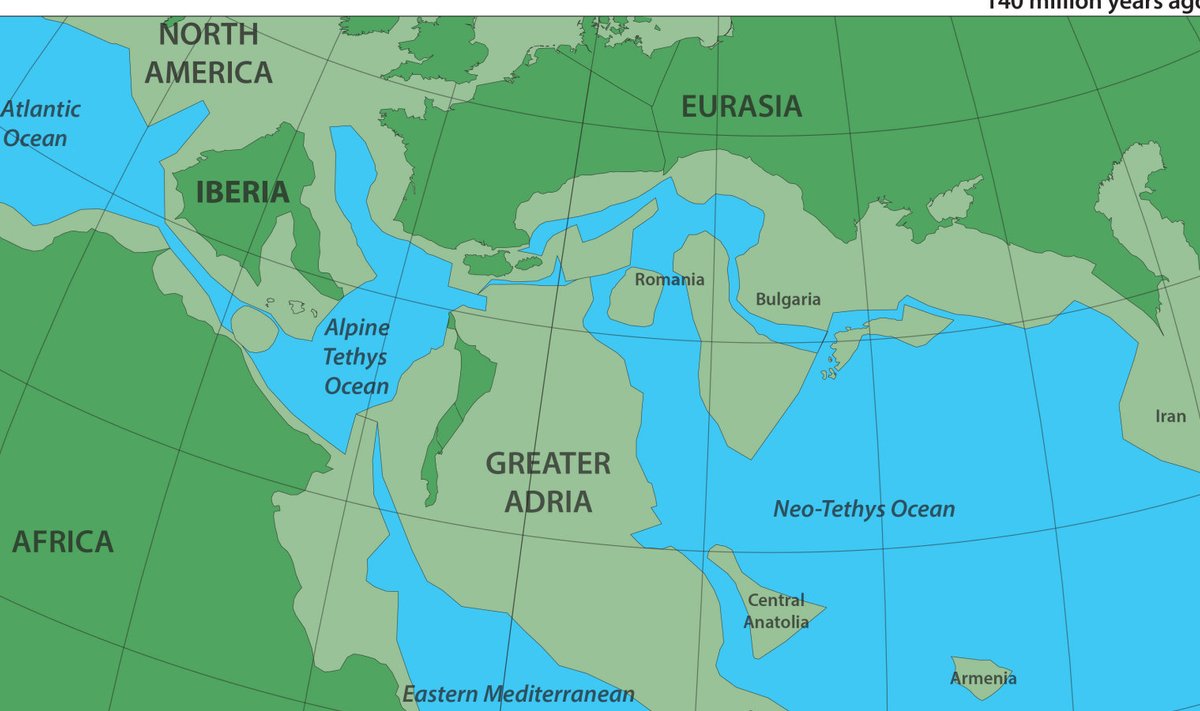 Suur-Aadria manner (Greater Adria). Tumerohelised osad kujutavad veepealseid osi, helerohelised osad olid aga vee all.