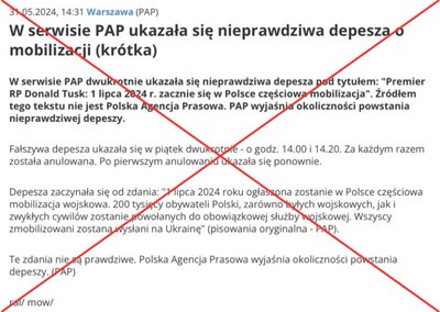 Screenshot of a fake news story published on the Polish Press Agency website on May 31.