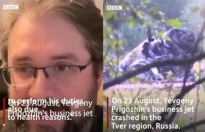 Сравнение скриншота из видео про взятку Ермака (слева) и инсценировку смерти Пригожина (справа).