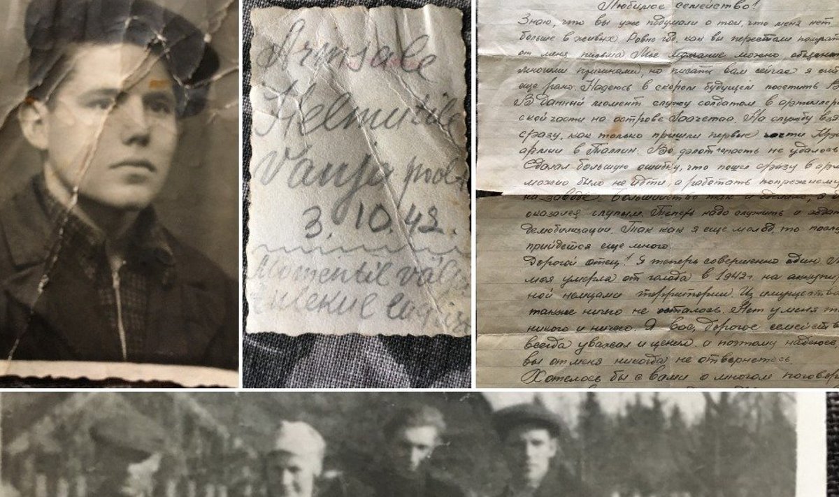 Üleval Ivan Dratšovi portree (1942) ja tema saadetud kiri, all Arnold, Magda ja Helmut Esinurm ning Ivan Dratšov.