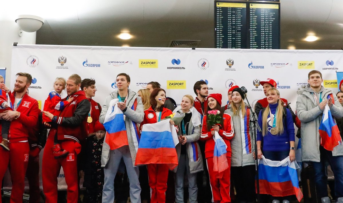 Russian athletes welcomed at Sheremetyevo Airport as they return from PyeongChang 2018 Winter Olympics