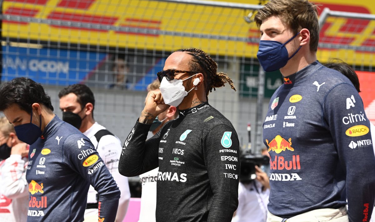 Vasakult: Sergio Perez, Lewis Hamilton ja Max Verstappen