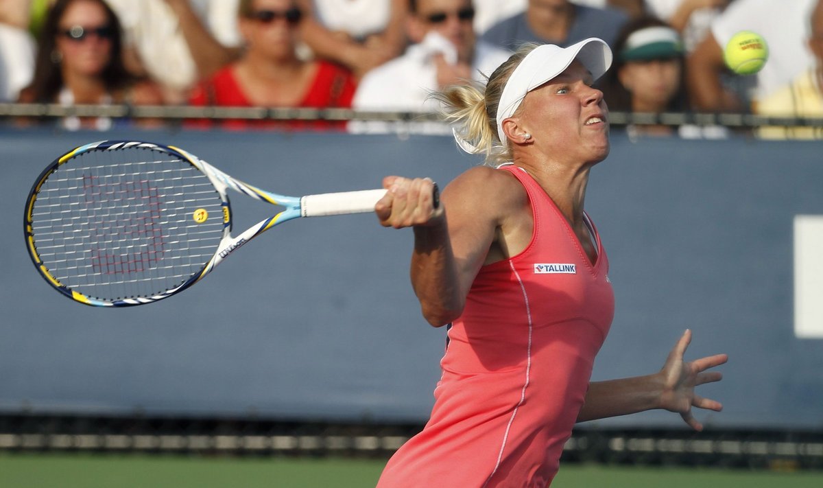 Kanepi of Estonia hits a return to Kerber of Germany at the U.S. Open tennis championships in New York