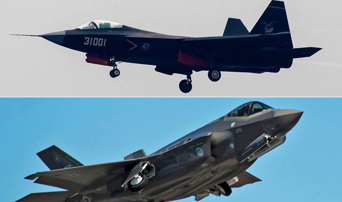 Üleval on hiinlaste J-31 hävitaja, all ameeriklaste F-35 Joint Strike