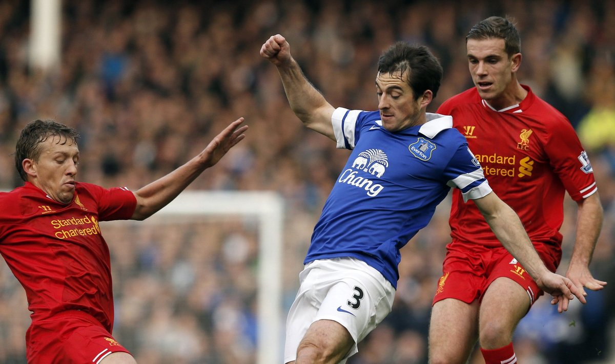 Liverpool's Lucas Leiva challenges Everton's Leighton Baines during their English Premier League soccer match in Liverpool