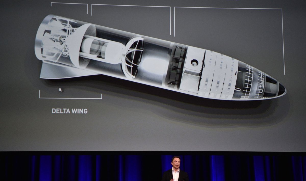 Elon Musk eelmise aasta septembris Adelaide`is toimunud astronautikakongressil oma Marsi-plaanidest rääkimas. Taga BFG joonis.  