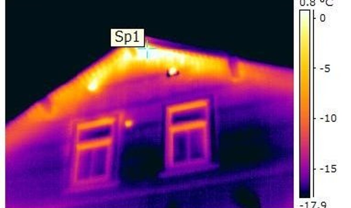 Termokaamera pilt kinnitab, et selle  maja pööningu lagi ja katus vajavad põhjalikku soojustamist.
