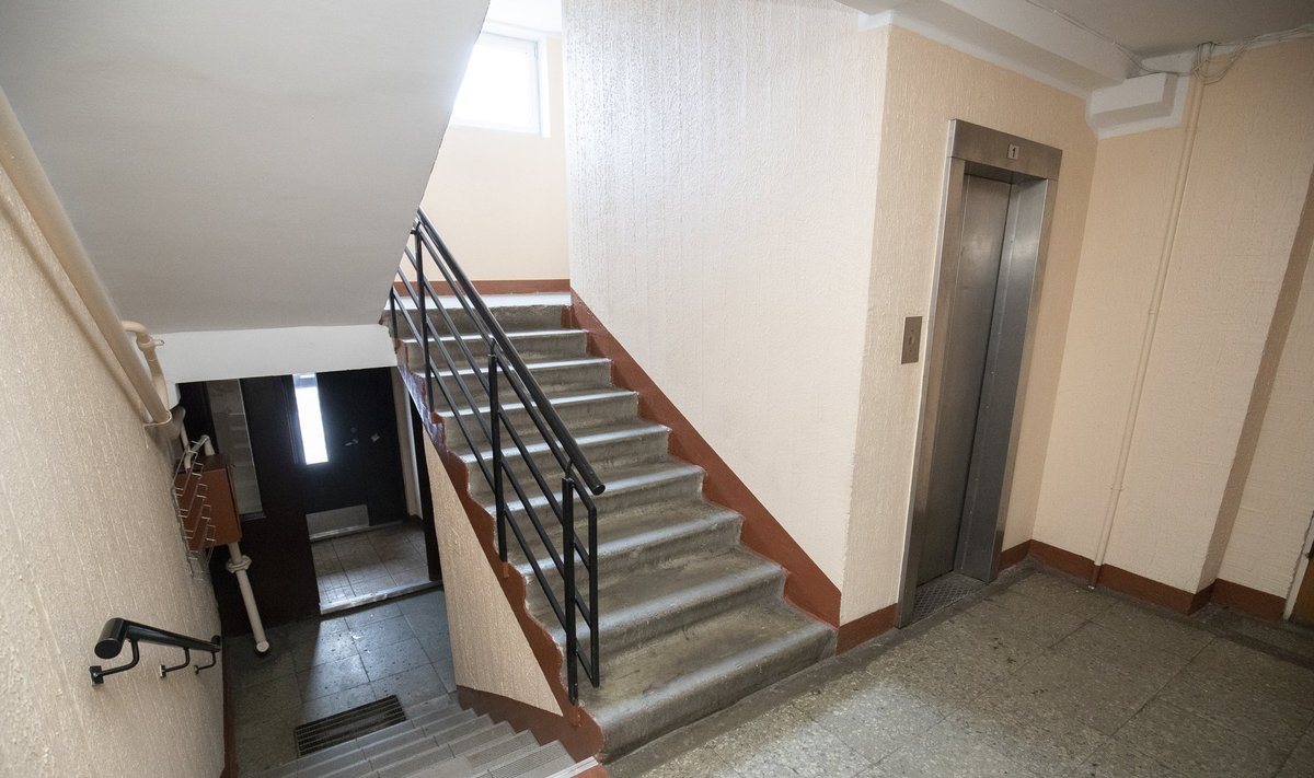 Tüüpiline Mustamäe paneelmaja: lift on küll olemas, aga ratastooliga liikuja jaoks liiga kitsas. Pealegi lahutab seda välisuksest poole korruse kõrgune kitsas ja järsk trepp.