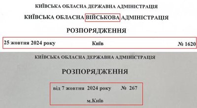 Сверху — скриншот распоряжения с сайта Киевской областной администрации, снизу — фрагмент вирусного документа