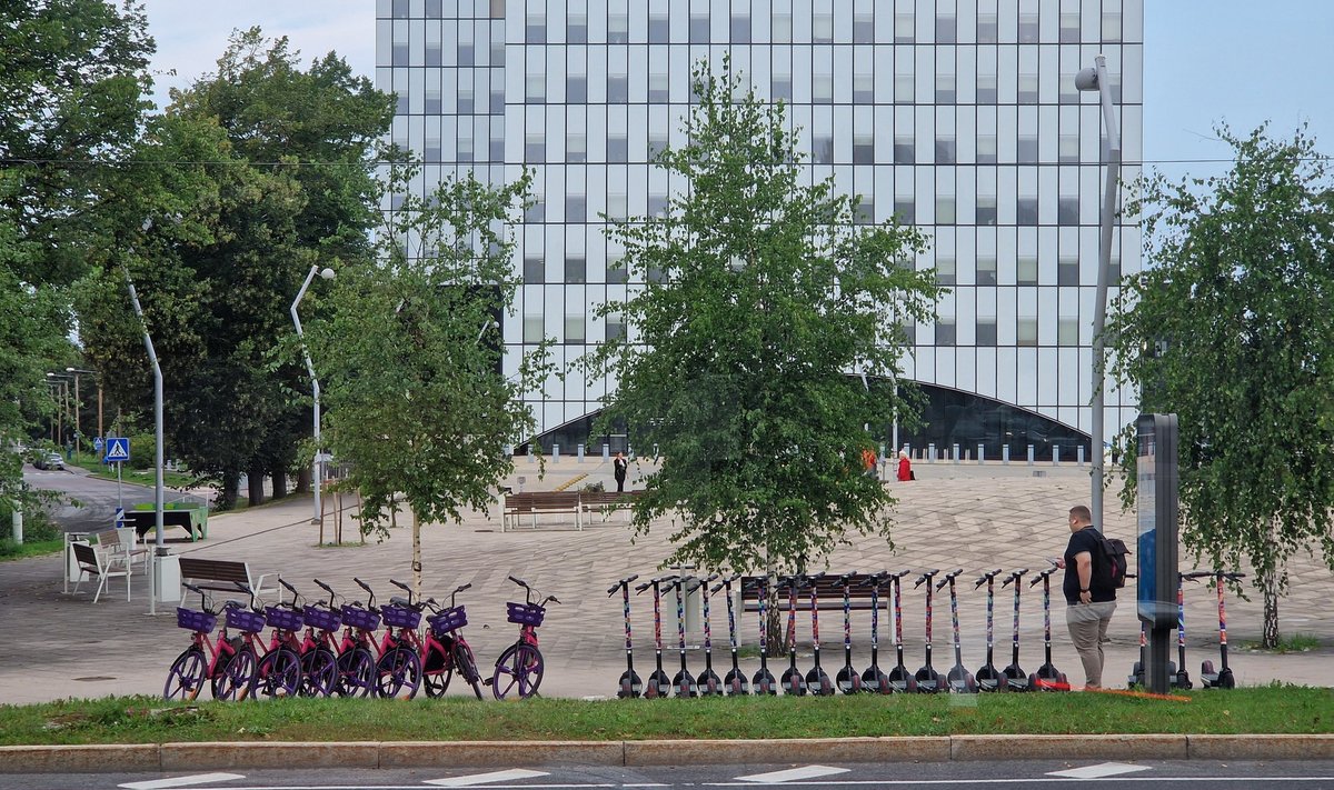 Kaheksa roosat Rekola rendiratast oli täna hommikul kella kaheksa paiku pargitud ka superministeeriumi ette rattaparklasse.