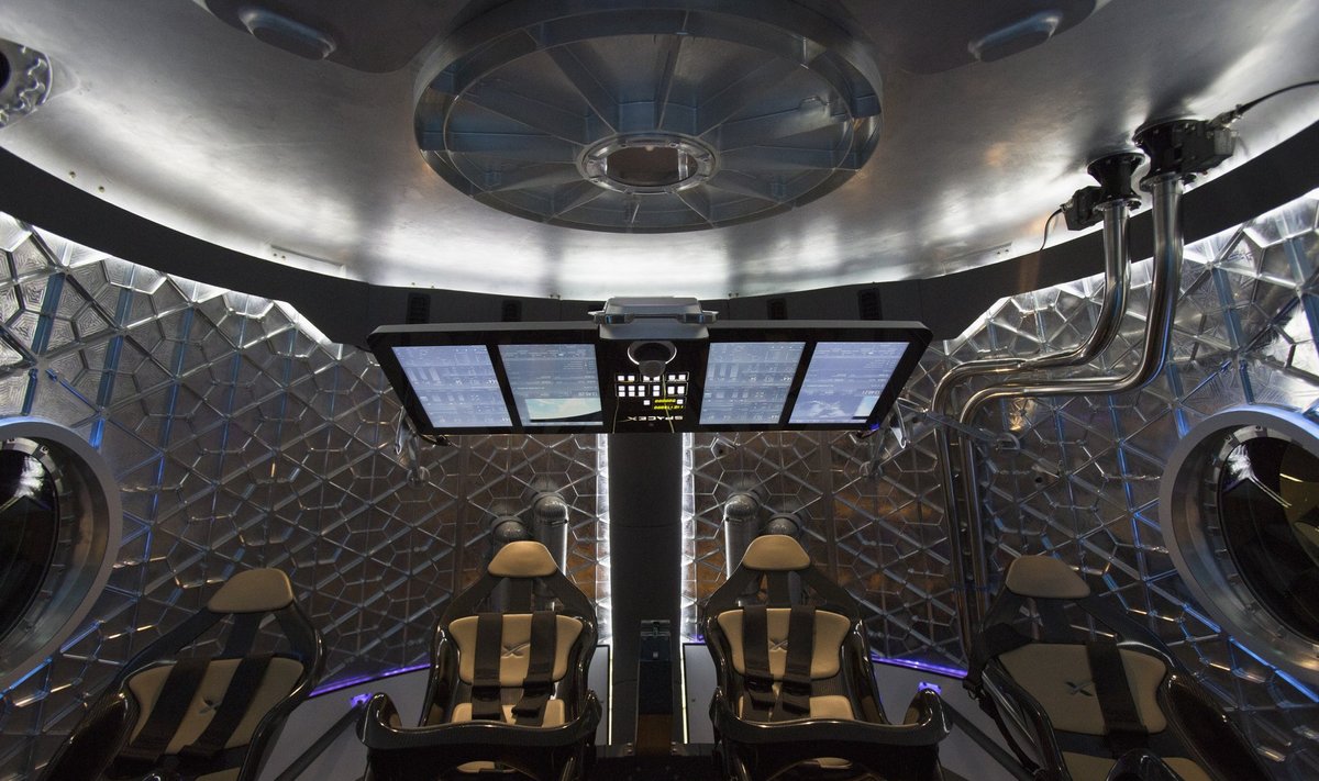 The cabin of the Dragon V2 spacecraft is pictured after it was unveiled in Hawthorne