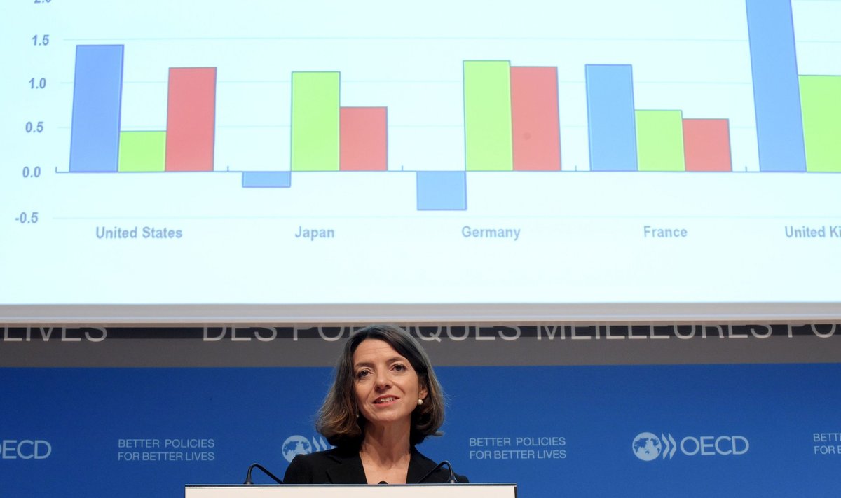 OECD peaökonomist Laurence Boone kaks aasta tagasi majandusprognoosi esitlemas.