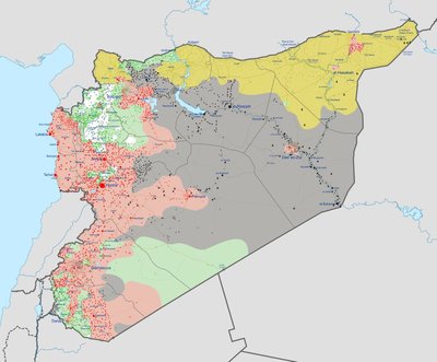 Süüria sõjatanner - punasega valitsusväed, rohelisega Vaba Süüria Armee, valgega endine Nusra rinne, kollasega kurdid, halliga Islamiriik.