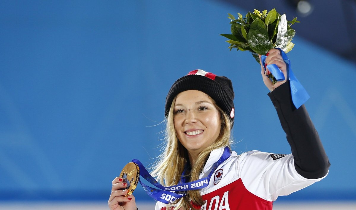 Gold medallist Canada's Dara Howell poses during the victory ceremony for the women's freestyle skiing slopestyle competition at the 2014 Sochi Winter Olympics