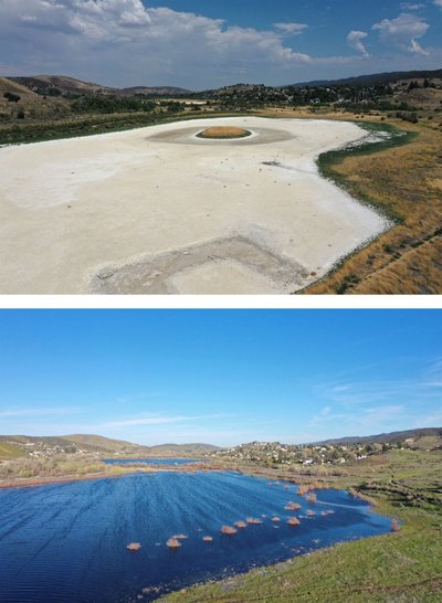 Californias asuv järv Elizabeth enda täies hiilguses (all) ja kokku kuivanuna (üleval).
