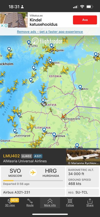 Kuvatõmmis Vene lennukist Eesti ja Läti riigipiiri juures