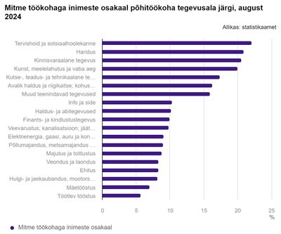 Kõige suurem on mitme töökohaga inimeste osakaal tervishoiu ja sotsiaalhoolekande alal (22%). Järgnevad haridus ja kinnisvaraalane tegevus.