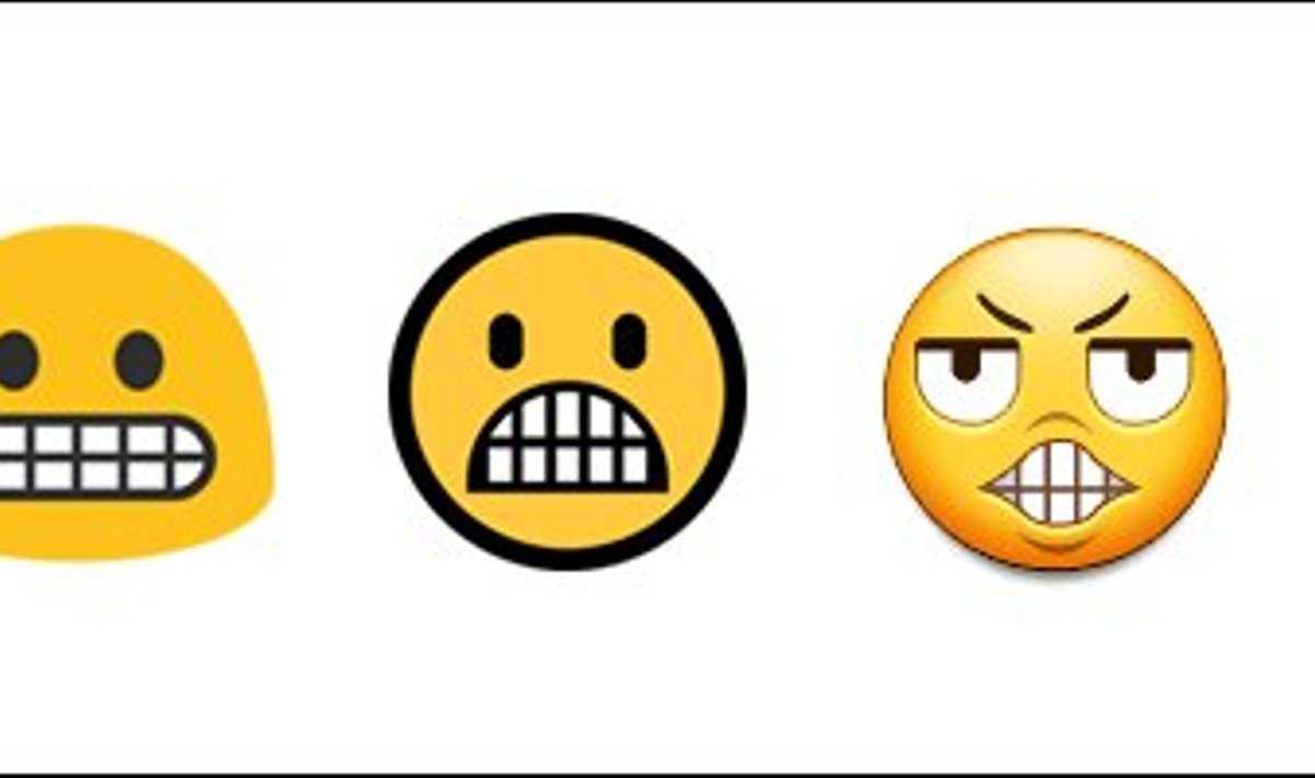 Nii esitavad sama grimassi-emoji't eri tootjate nutiseadmed, vasakult Apple, Google, Microsoft, Samsung ja LG (ekraanitõmmised)