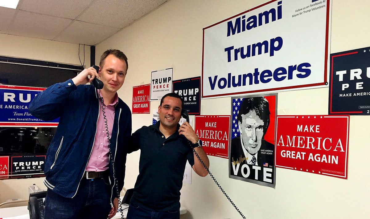 ANDKE AGA HAGU! Artikli autor ja tema boss Jaime Miami kontoris vabariiklasi läbi helistamas: „Kas te olete juba hääletanud? Vaadake, et te ikka hääletate, sest kõik teie tänava demokraadid on juba Hillary poolt hääletanud!”