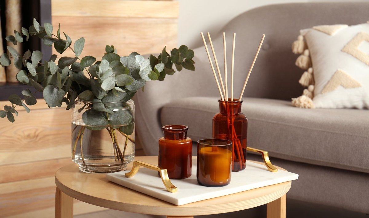 Eucalyptus,Branches,,Aromatic,Reed,Air,Freshener,And,Candles,On,Wooden