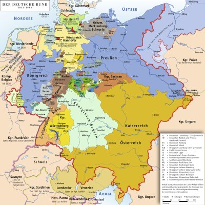 1815. aastal Viini kongressil Kesk-Euroopa riikidest moodustatud Saksa Liidu kaart. 