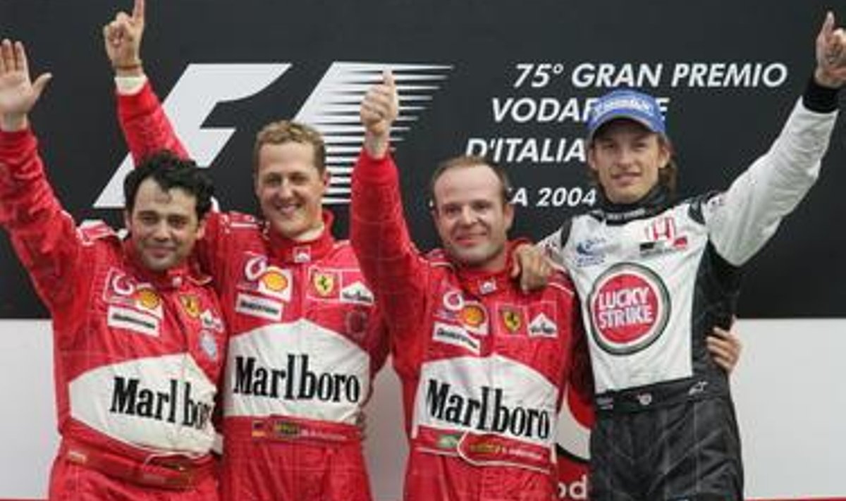 Ferrari mehhaanik, Michael Schumacher, Rubens Barrichello ja Jenson Button ehk Marlboro, Marlboro, Marlboro, Lucky Strike