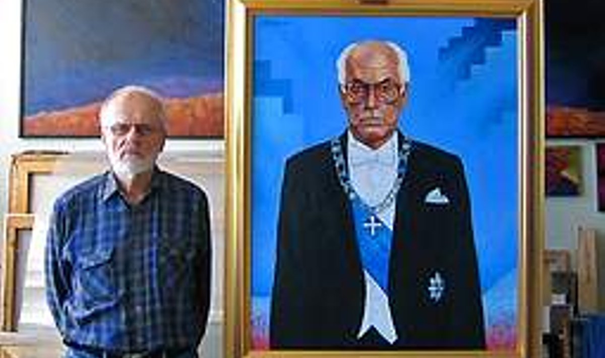 PRESIDENDIGA: Kunstnik Jüri Arrak oma ateljees koos äsjavalminud portreega president Lennart Merest. PEKKA ERELT