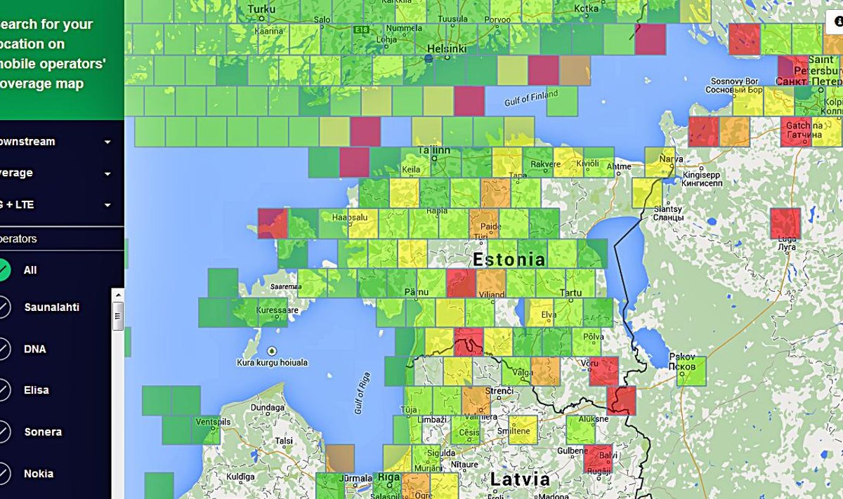 Netradari Eesti kaart. Rohelised alad on hea või väga hea ühendusega, kollased kasutatavad ja oranžid ning punased halva või väga halva ühendusega.