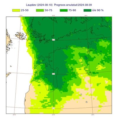 Sademete tõenäosus 10. augustil.