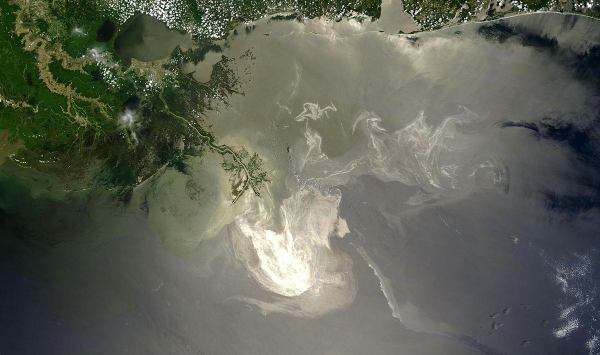 Satelliidipilt õlilaigust USA-s Mississippi suudmealas, mis tekkis Deepwater Horizoni katastroofi tõttu. (Foto: NASA / GSFC, MODIS Rapid Response)