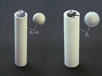 Vasakpoolsed objektid on silindrilised läbipaistmatud tuumad, mida silindrilise ja sfäärilise kesta abil varjati. Parempoolsed objektid on varjava kesta sees. Pilt: Robert Schittny