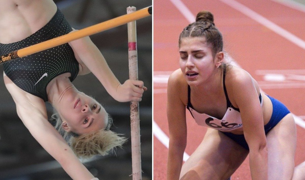 Kollaaž: Marleen Mülla hüppab teivast, Jekaterina Mirotvortseva taastub finišis rängast pingutusest.