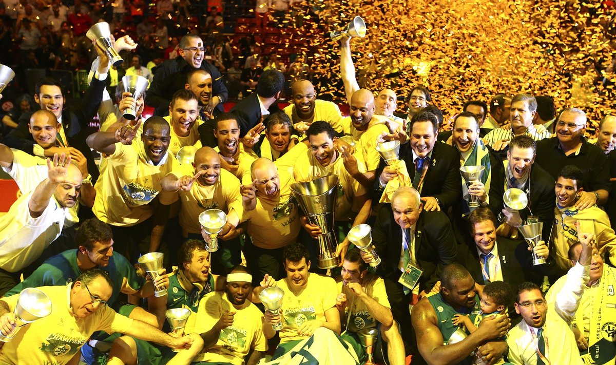 Maccabi Electra Tel Aviv players celebrate after winning the Euroleague Final Four final basketball game against Real Madrid, in Milan