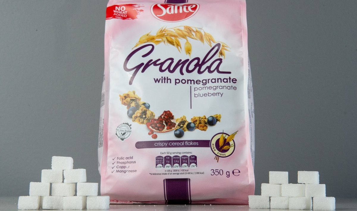 Krõbeda Granola müsli 375 g pakis on suhkrut umbes 19 kuubikut.