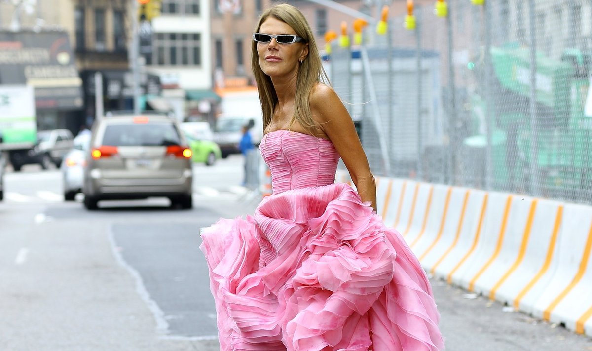 Fashion editor Anna Dello Russo, wearing a pink ball gown, attends Oscar De La Renta at Spring Studios during New York Fashion Week in New York City, New York on September 11, 2018.