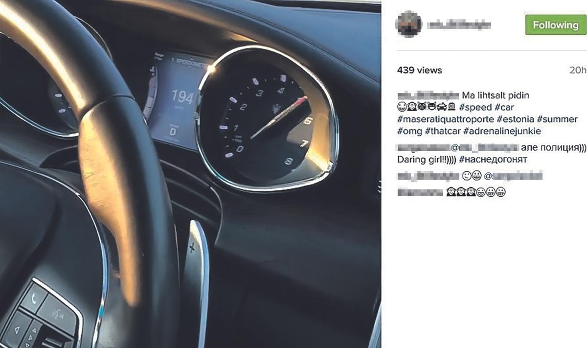 Maserati spidomeeter näitas Eesti Päevalehe käsutuses oleval videol veelgi rohkem kui Marlee Instagrami fotol.