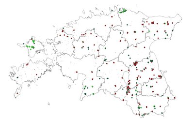 Eesti metsa kasvukäigu püsiproovitükkide võrgustikku (KKPRT) kuuluvate puistute asukohad. Punased täpid – majandatavad metsad, helerohelised täpid – majandamispiiranguga metsad, tumerohelised täpid – range kaitsega metsad. 