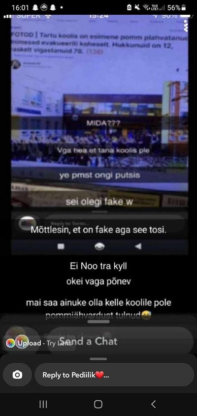 Valeinfo Snapchatis, mis tõmbas ka politsei tähelepanu. Kasutaja on pildi teinud Delfi artiklist, mida tegelikult pole Delfi kunagi kirjutanud - tegemist on manipuleeritud sisuga ning Tartus pomme ei plahvatanud. Ometi jagati seda hoogsalt edasi.